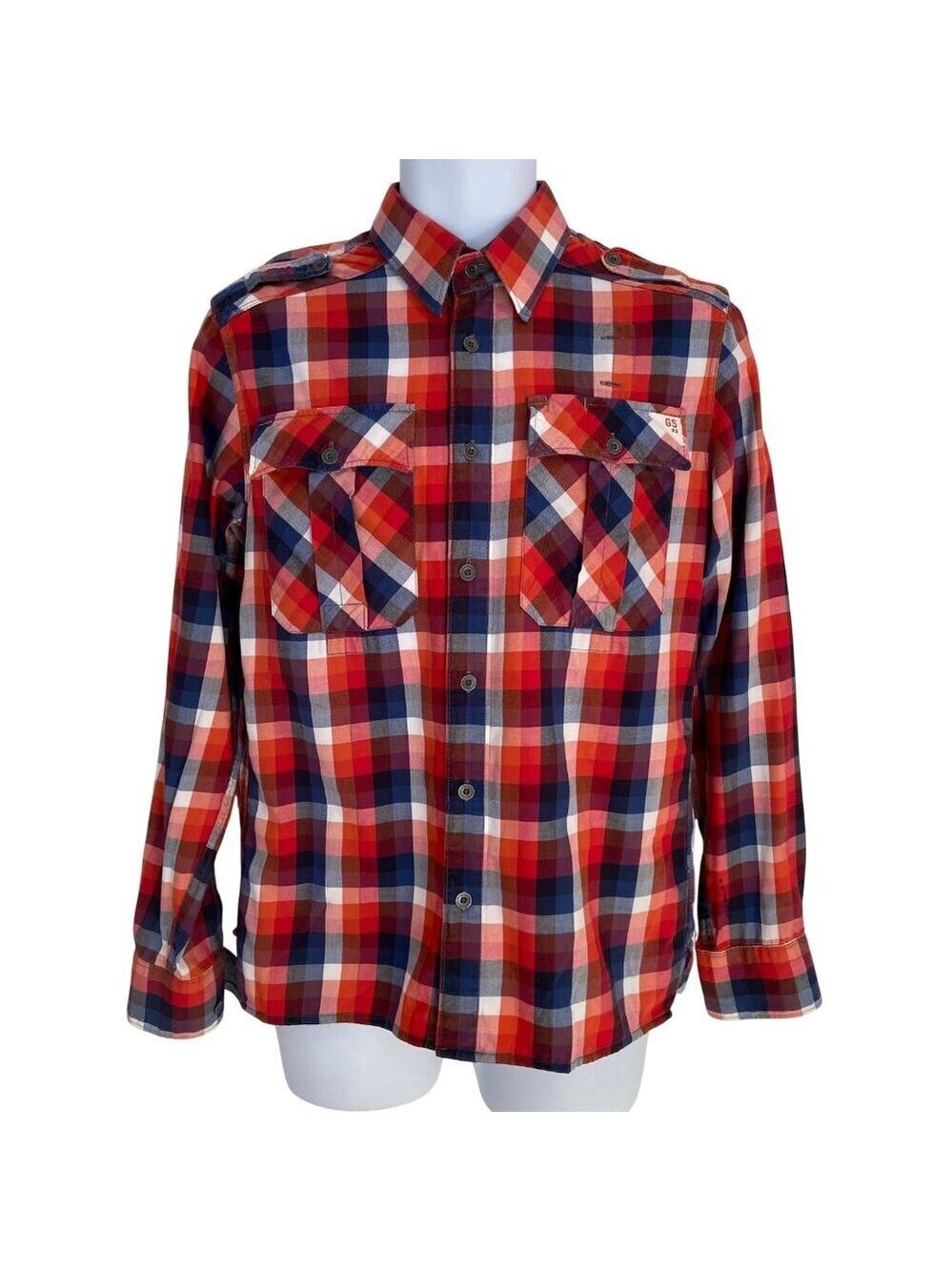 G-Star Raw Men’s Red Blue Plaid Button-Up Shirt Epaulets Size M Streetwear